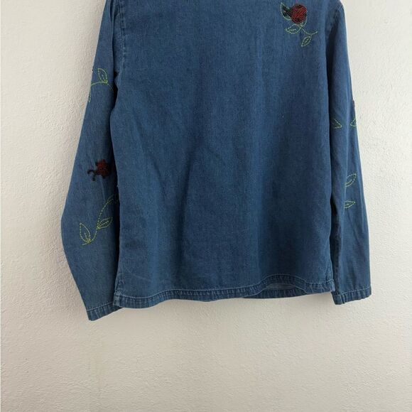 Quacker Factory Denim Beaded Lady Bug long Sleeve Button down Blouse S - Picture 7 of 10
